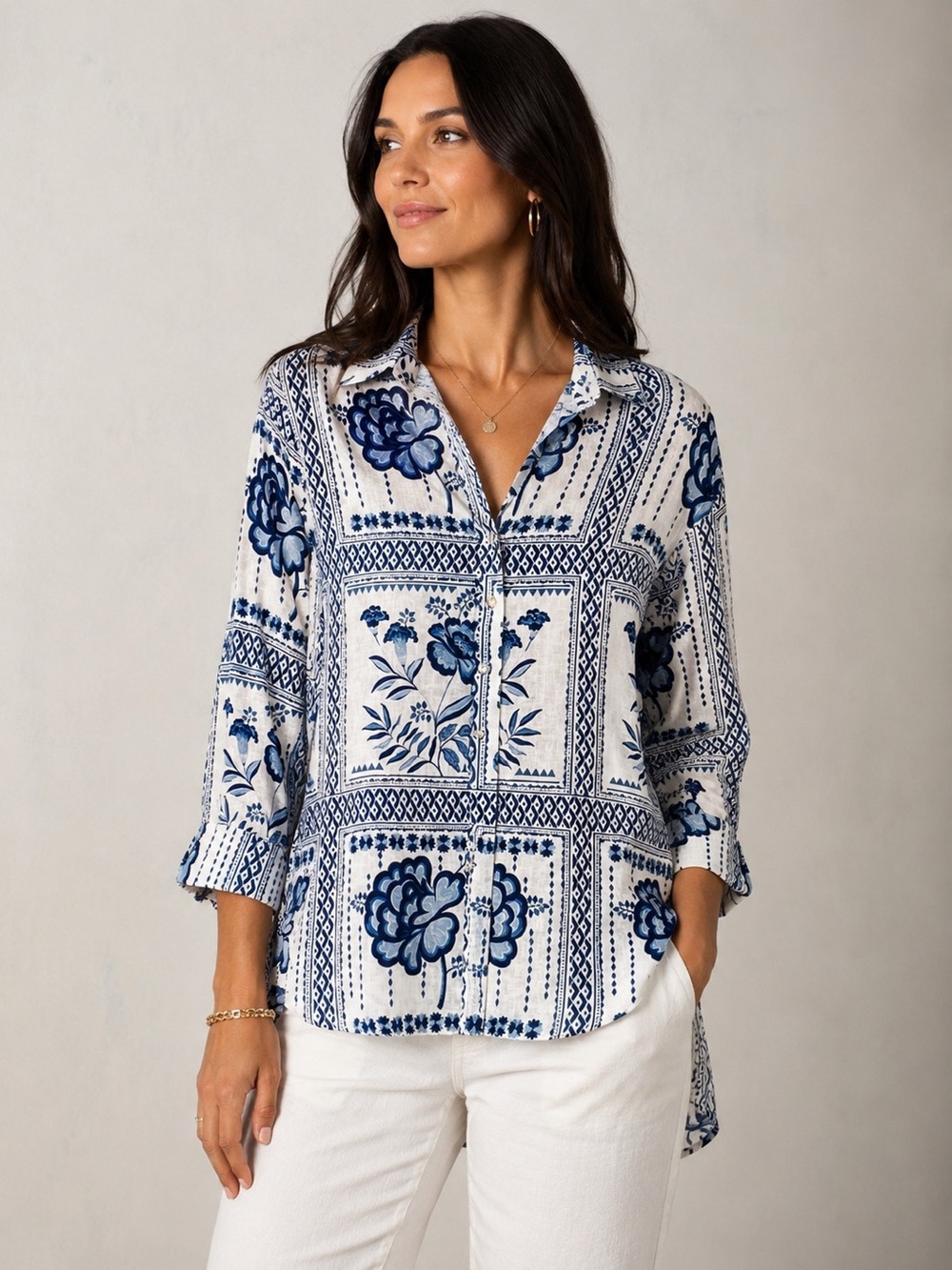 NWT H Halston
Linen Surplice convertible Long Sleeve Floral Top Blouse Sz 1X